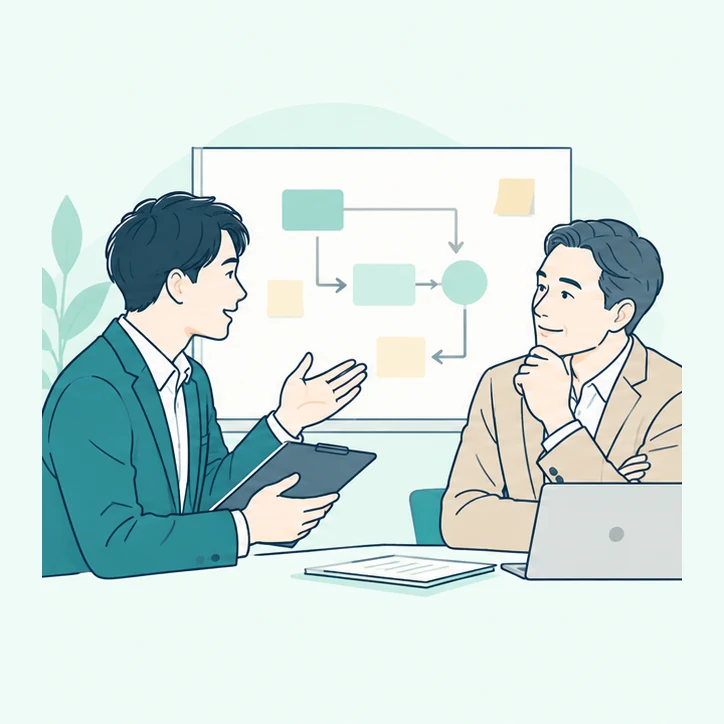 会社の仕事と育成課題をヒアリングする研修担当者